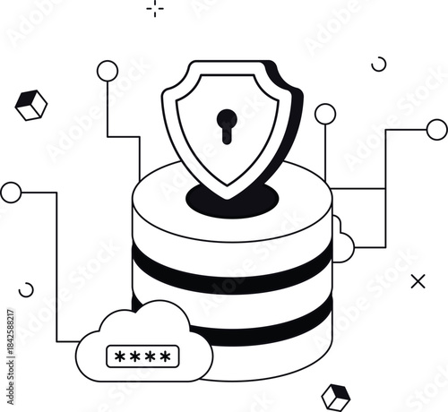Data server protection with password shield cloud computing isometric flat vector illustration
