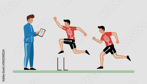 A coach observing players biomechanical form during practice ensuring proper technique while running and jumping to prevent injuries.