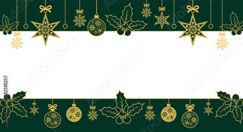 Elegant Christmas border background with green and white space, gold hanging ornaments, snowflakes, stars and holly leaves; festive holiday template for greeting cards, invitations and seasonal design
