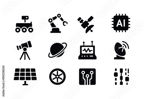 Robotic Space Icons. Robotic space systems. Solid icon set of ro