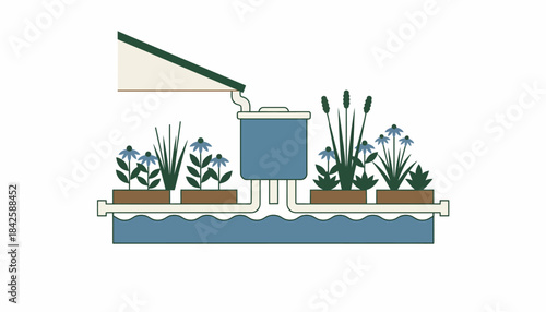 A garden filled with native plants and a rainwater collection system emphasizing sustainable living and resource conservation.