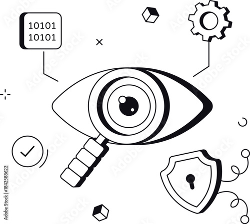 Data vulnerability assessment with magnifying glass shield and binary code isometric flat vector illustration