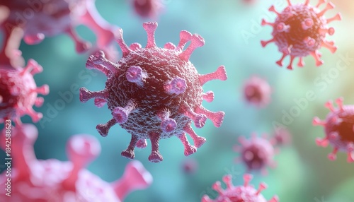 Microscopic View of Coronavirus Particles Floating in a Colorful Biological Environment