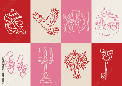 Whimsical wedding and love doodle collection. Art for greeting card, logo design, brand identity, packaging design.	