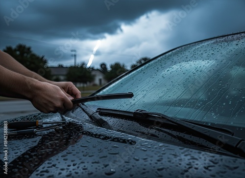 Person Adjusting Car Wiper Blades on Dark Rainy Day With Lightning Strike in Background