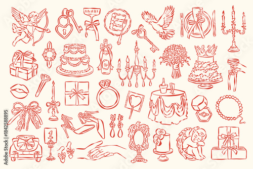 Whimsical wedding and love doodle collection. Art for greeting card, logo design, brand identity, packaging design.	