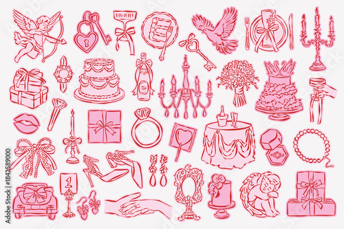 Whimsical wedding and love doodle collection. Art for greeting card, logo design, brand identity, packaging design.	