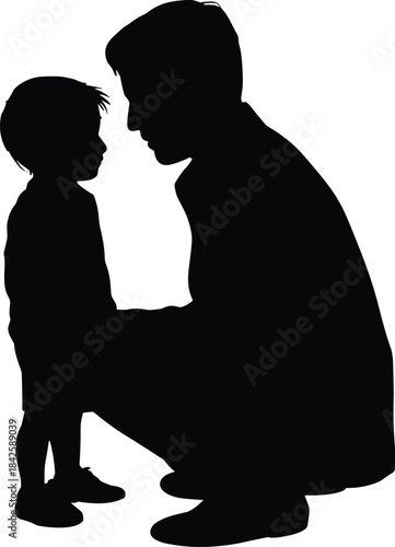 Black Silhouette of a Father Kneeling Down to Listen Intimately to His Young Son, Symbolizing Parental Care, Love, Communication, and Deep Family Connection.