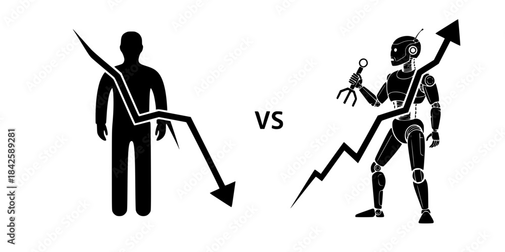 Fototapeta premium AI Ascendancy: Declining Human Labor and Rising Robotic Productivity Graph.