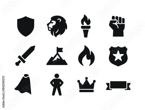 Icons of Bravery. Bravery. Solid icon set of Bravery: shield, li