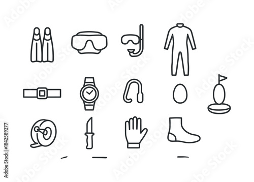 Freediving Gear Icons. Freediving Gear. Line icon set of Freediv