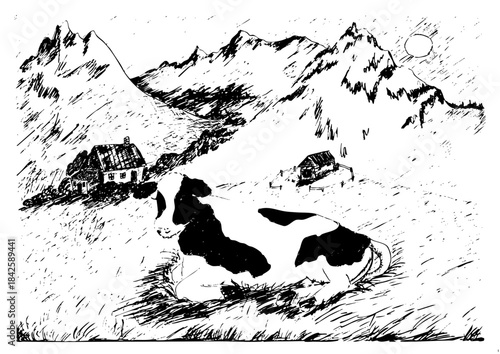 vector line art landscape illustration. Minimalist black and white hand-drawn cow in a field scene. Perfect for poster, web graphic, logo, or farm-themed project.