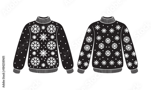 Black christmas sweater with white snowflakes pattern front and back view illustration