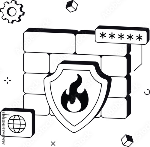 Firewall protection with password and internet gear isometric flat vector illustration