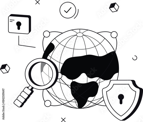Global network security scan with shield lock isometric flat vector illustration
