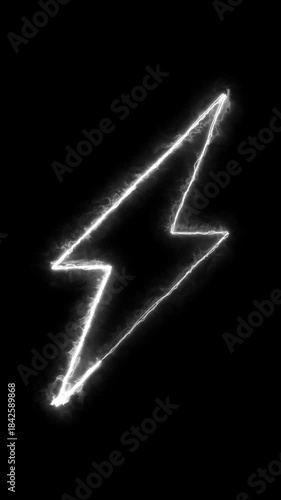 Vertical animation of glowing white lightning symbol isolated on a black background. Bright, burning plasma flash symbol video for electricity, charge, or industry concepts