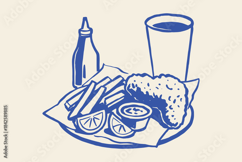 Fish and chips with lemon sketch vector illustration