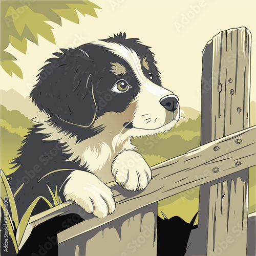 Bernese mountain dog puppy peeking over a wooden fence,  A cute Bernese Mountain Dog puppy with its paws on a weathered wooden fence, looking curiously to the side. 