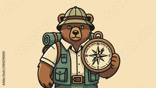 Vintage Bear Navigator Mascot Retro Adventure Guide Illustration