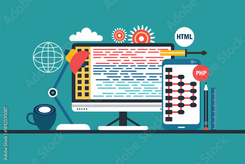 Software, web development, programming concept. Abstract Programming language and program code on screen computer