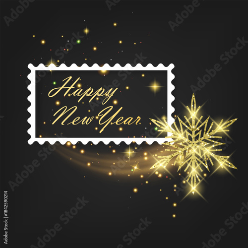 Festive Golden Snowflake with Happy New Year Message. Greeting Card