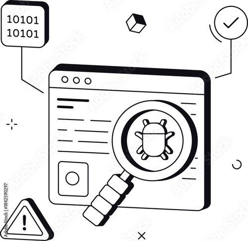 Malware detection on website with computer virus scan isometric flat vector illustration
