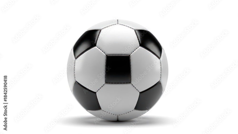 Naklejka premium Black and white soccer ball sits on white background, casting soft shadow