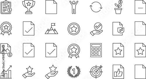 A comprehensive set of vector line icons symbolizing business achievement, quality, success, victory, growth, finance, goal setting, and awards for corporate visual communication materials.