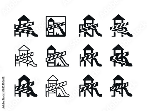 Dilapidated Playground Icons. Dilapidated playground. Icon set.
