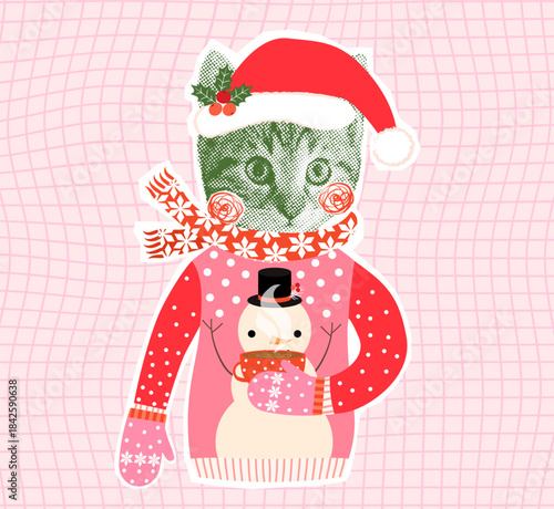 Funny vector cat with ugly Christmas sweater and scarf holding a warm drink, Cute winter halftone collage
