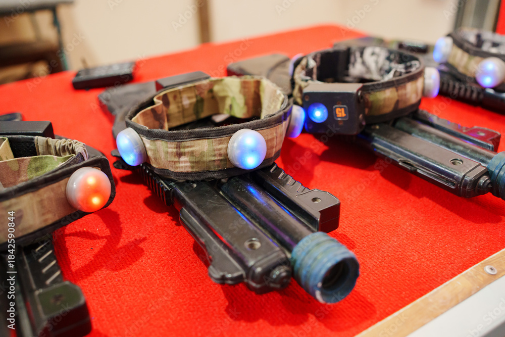 Obraz premium Laser tag equipment on display at an indoor venue