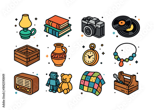 Flea Market Treasures. Flea Market Finds. Colorful isometric vec