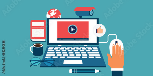 Web based seminar. Distance Learning. E-learning Training business concept. Video tutorials. Online courses. Workplace and working on laptop.