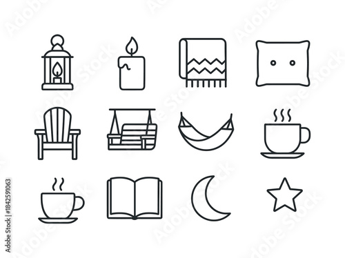 Porch Relaxation Icons. Porch evening relaxation. Line icon set