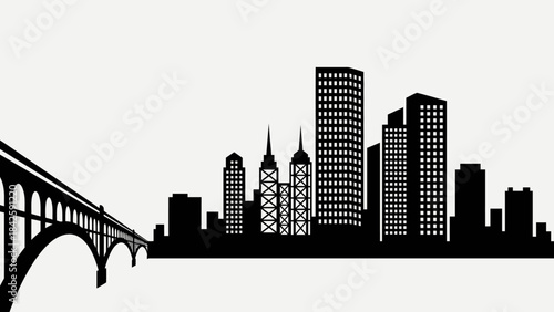 Black and White City Skyline Vector – Urban Silhouette with Bridge, Skyscrapers, Architecture, Infrastructure, Planning, High-Rise Buildings, Modern Metro Landscape Illustration