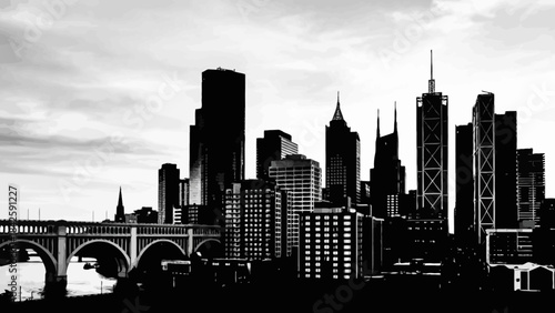 Black and White City Skyline Vector – Urban Silhouette with Bridge, Skyscrapers, Architecture, Infrastructure, Planning, High-Rise Buildings, Modern Metro Landscape Illustration
