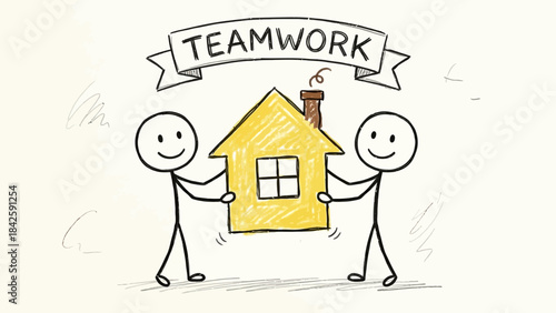 Teamwork Makes the Dream Work Vector – Cartoon Stick Figures Holding House Illustration for Collaboration, Unity, Support, Motivation, Community, Partnership, and Shared Goals