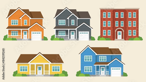 Residential Building Vector Set – Diverse House Styles with Gable Roofs, Garages, Brick Apartments, Urban Architecture for Real Estate, Planning, Education, and Design Projects