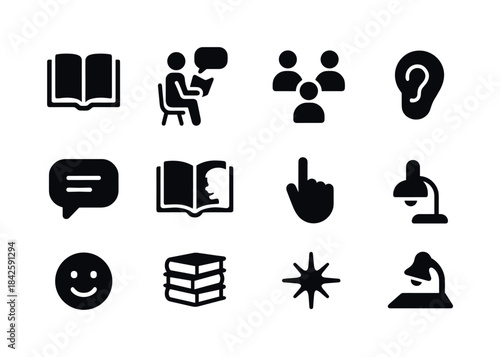 Reading Aloud Icons. Reading aloud to students. Solid icon set o