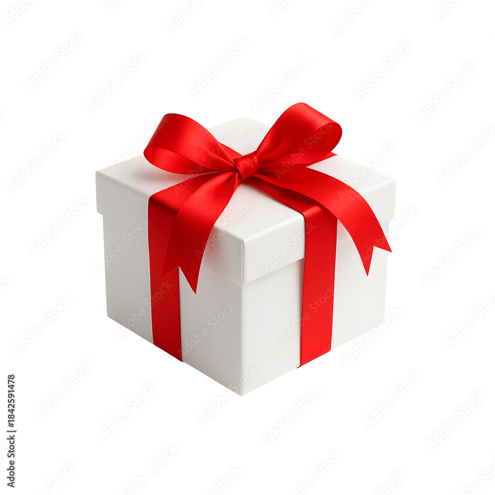 Obraz premium Wrapped with Love: A simple, yet elegant, white gift box, adorned with a vibrant red ribbon, conveys the anticipation of a special occasion.