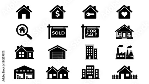 Real Estate and Finance Vector Icon Set – Property, Money, Loan, Business, Transaction, Investment, Economy, Planning, Marketing, and Management Symbols for Design Projects