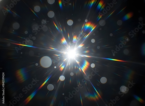 Brilliant white light burst with rainbow prismatic rays and bokeh circles on dark background - Overlay, Transparent PNG