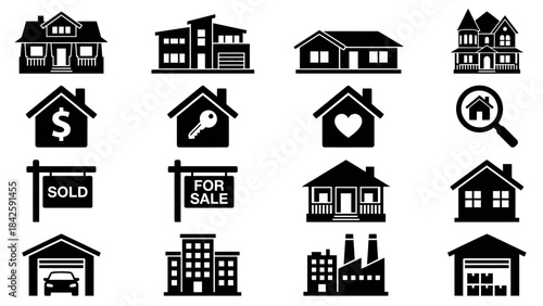 Real Estate and Finance Vector Icon Set – Property, Money, Loan, Business, Transaction, Investment, Economy, Planning, Marketing, and Management Symbols for Design Projects