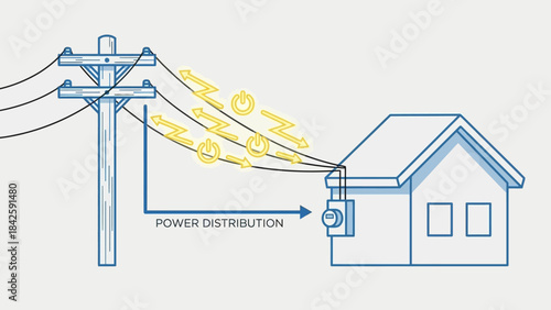 How Electricity Reaches Your Home Vector – Utility Pole, Power Distribution, Residential Infrastructure Diagram for Energy Education, Grid Awareness, and Electrical System Planning
