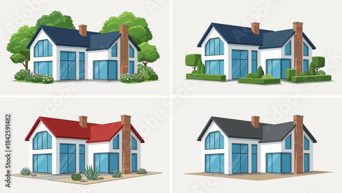 Modern House Vector Set – Diverse Roof Designs, Residential Architecture, Single and Two-Story Homes with Trees, Shrubs, Glass Windows for Real Estate and Planning
