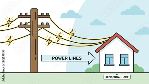 How Electricity Reaches Your Home Vector – Utility Pole, Power Distribution, Residential Infrastructure Diagram for Energy Education, Grid Awareness, and Electrical System Planning