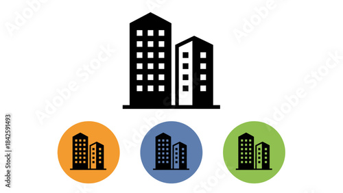 Urban Building Vector Icon Set – Black and White with Color Variants (Orange, Blue, Green) for Real Estate, Infrastructure, City Planning, and Graphic Design Projects