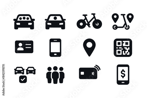Shared Mobility Icons. Shared mobility. Solid icon set of shared
