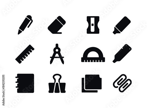 Stationery Icon Grid. Stationery accessories. Solid icon set of