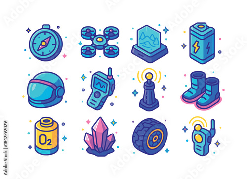 Futuristic Icon Set. Futuristic Frontier. Colorful isometric vec